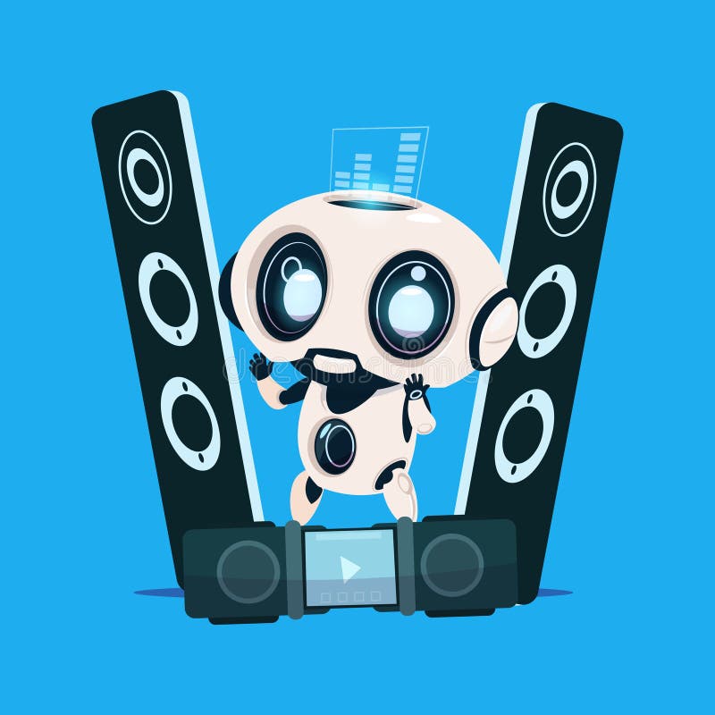 Modern Robot Standing On Audio Speakers On Blue Background Cute Cartoon Character Artificial Intelligence Concept royalty free illustration