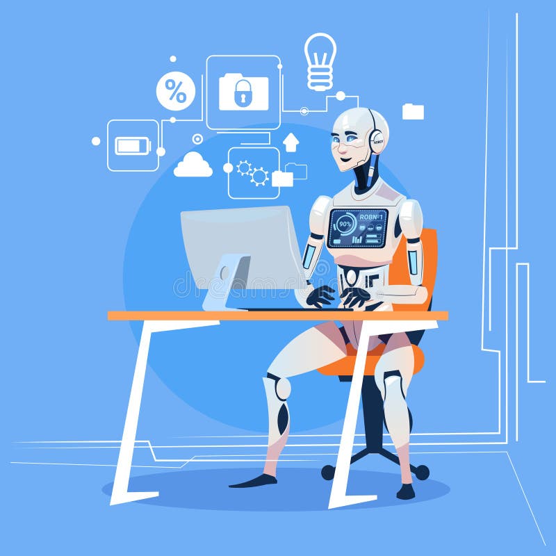 Modern Robot Working With Computer Fixing Errors Futuristic Artificial Intelligence Technology Concept vector illustration