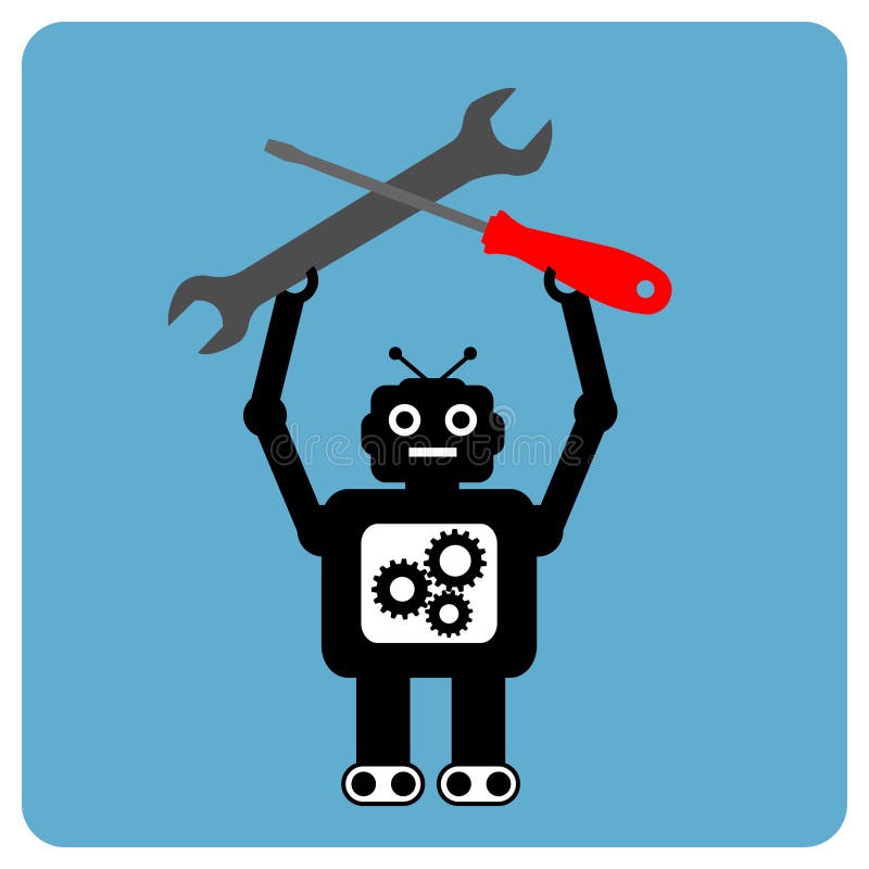 Modern robot with wrench and screwdriver