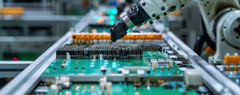 Modern robotic arm assembling electronic components on a production line, automated manufacturing, high-tech machinery, efficiency and precision, industrial automation, copy space, Generative AI