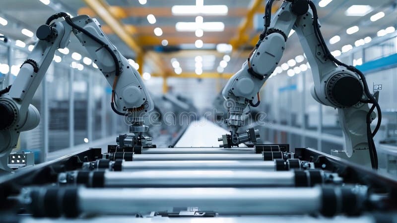 Innovative robot arms working at modern electronics factory stock illustration