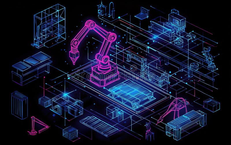 Modern robotic manufacturing setup featuring vibrant digital design with automated machinery and tools in a precise royalty free stock image