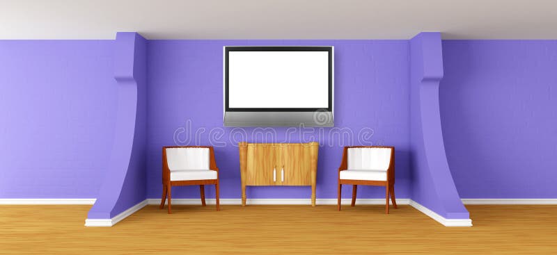 Modern room with armchairs, bureau and lcd tv vector illustration