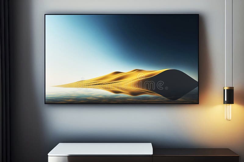 A modern room featuring art on the walls illuminated by a dune-shaped lamp resting atop a table framed with technology, made with vector illustration