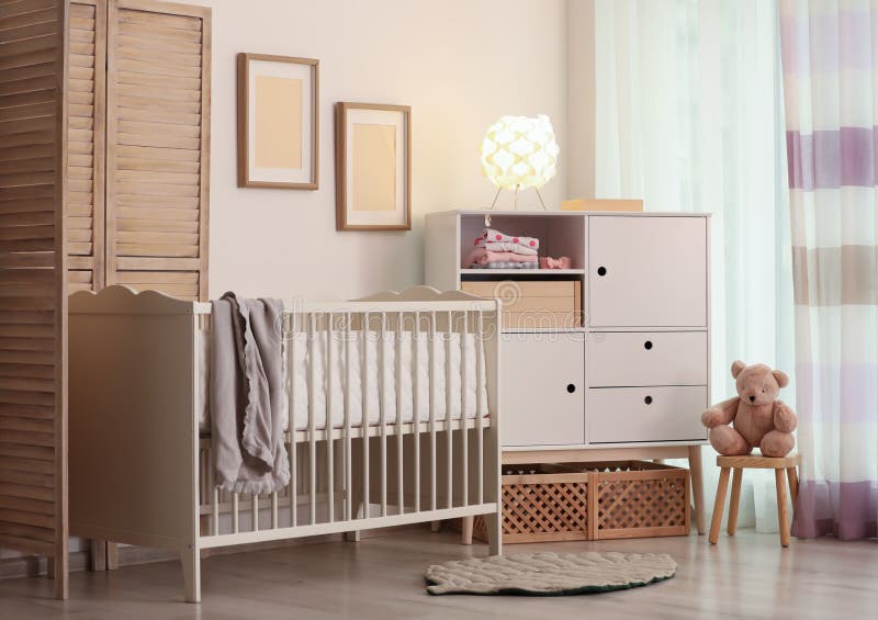 Modern Room Interior With Crib And Wooden Crates Under 