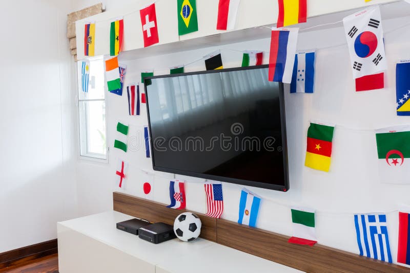 Modern Room with TV and Flags for Soccer Championship 2014 Stock Photo