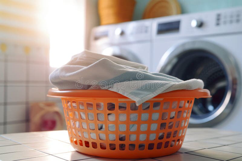 A modern room with a washing machine, dryer, and a stack of fresh clothes vector illustration
