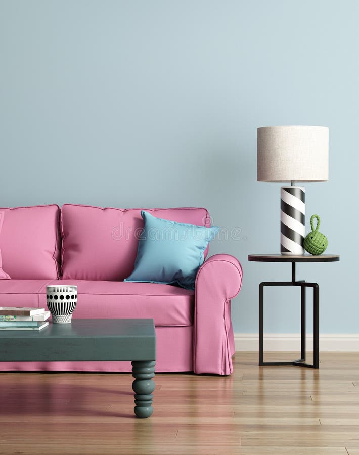 Modern rosa soffa i ett ljus - blå lyxig inre stock illustrationer Modern rosa soffa i ett ljus - blå lyxig inre stock illustrationer