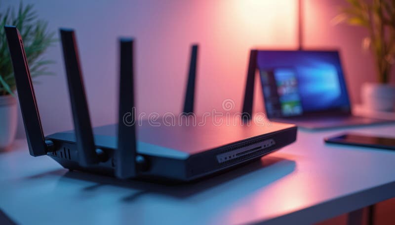 Modern router with antennas on desk near laptop. Wi-fi internet signal equipment in office home environment. Fast wireless stock illustration
