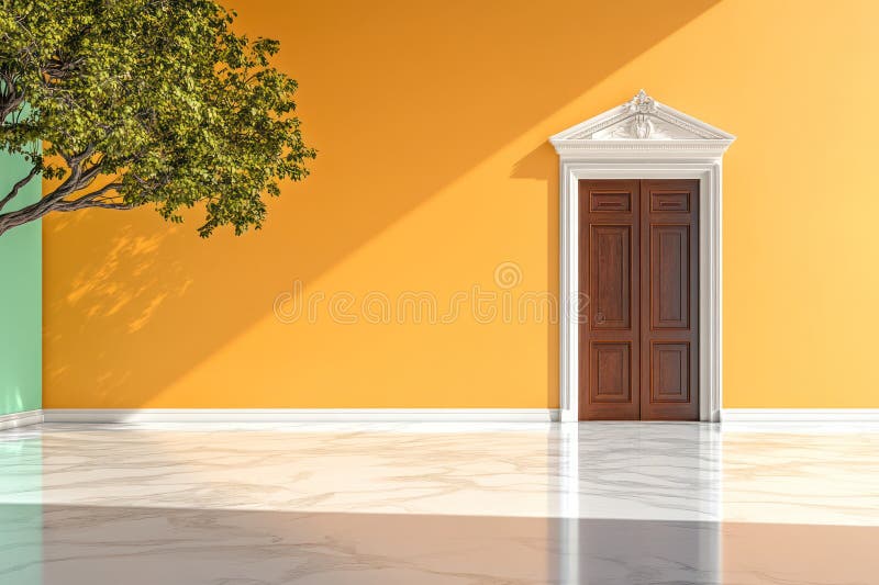 Modern samtillfällig loft med öppen dörr till Garden 3D-renderare. Marble Floors Green and Orange Walls Wooden Plank Ceilin vektor illustrationer