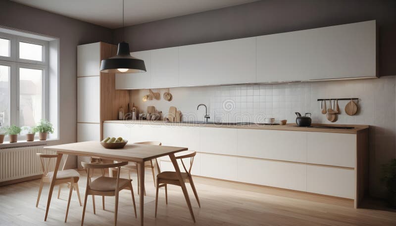 Modern Scandinavian Kitchen and Dining Room Design vector illustration