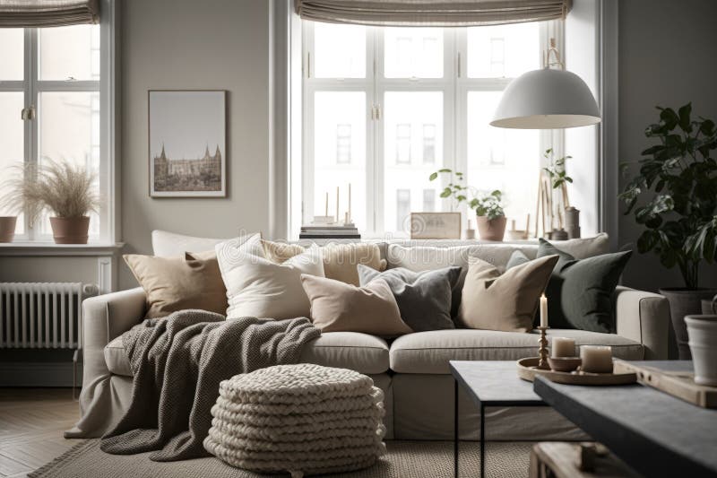 Modern Scandinavian Living Room Interior 3d Render Generative Ai