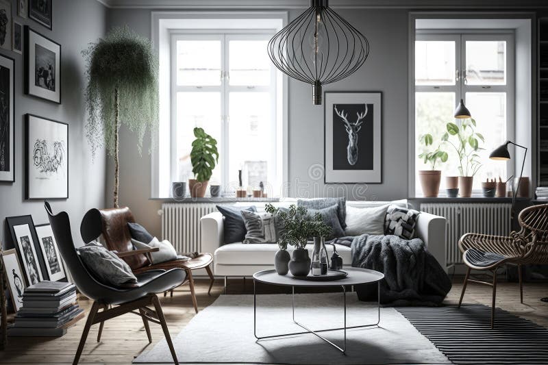 Modern Scandinavian Living Room Interior 3d Render Generative Ai