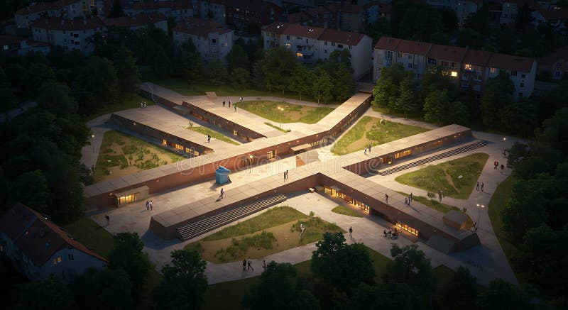 Modern School Campus: Illuminated Pathways and Lush Green Spaces royalty free illustration
