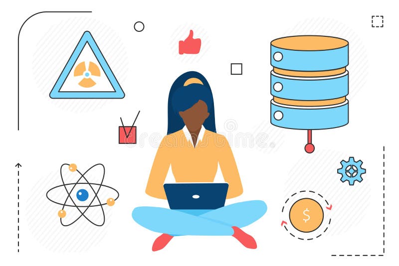 Modern science physics research technology, atom, scientific equipment and scientist royalty free illustration