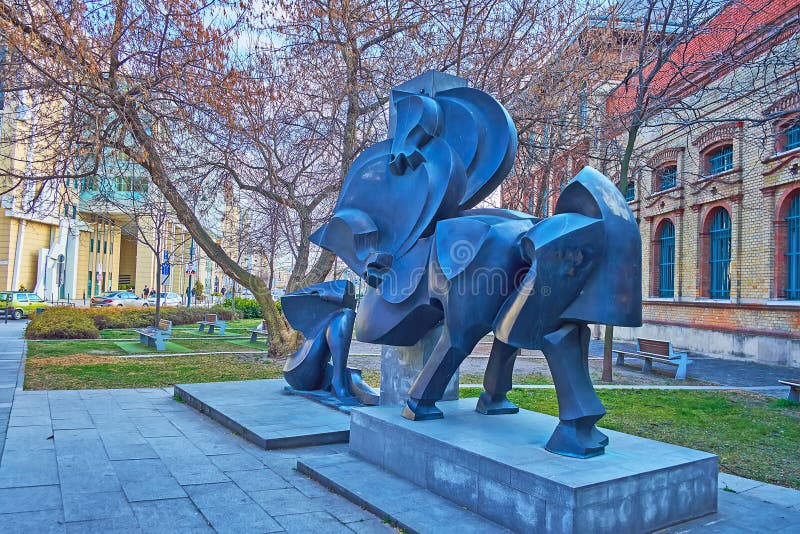 The modern sculpture at Corvinus University, on Feb 27 in Budapest, Hungary