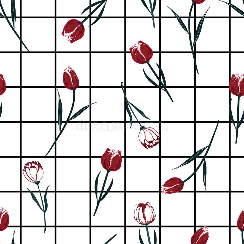 Modern Seamless pattern red tulip flowers vector with check or grid check design for fashion ,wallpaper ,book ETC