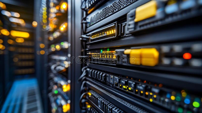 Modern Server Room Environment, Network Hardware with LED Lights, Servers Stacked in Data Center vector illustration