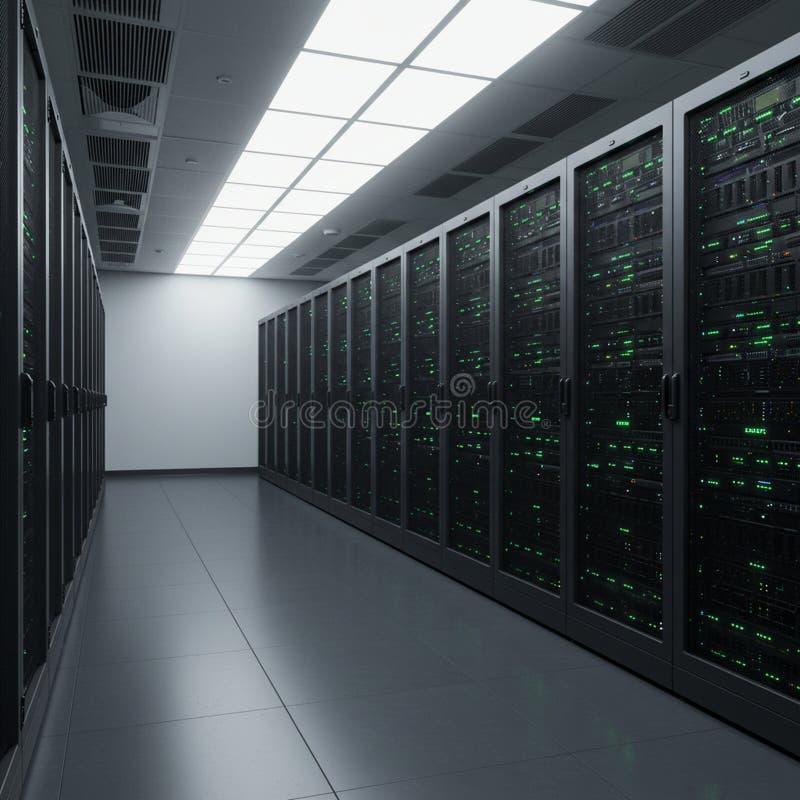 A modern server room filled with rows of server racks. Each rack is equipped with vector illustration