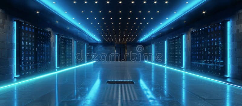 Modern Server Room With Illuminated Floor and Racks royalty free stock image