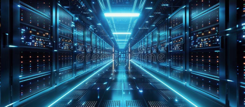 Modern Server Room With Illuminated Floor and Racks royalty free stock image