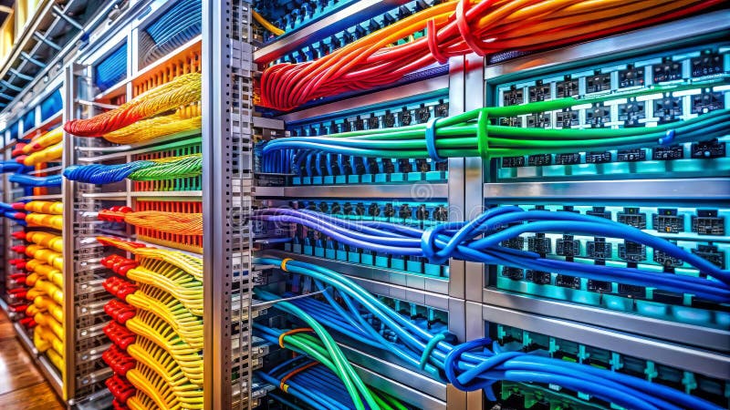 Modern Server Room Infrastructure A Colorful Network Hub and Sleek Rack Showcase Organized Data Flow royalty free illustration