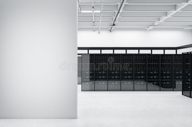 Modern Server Room Interior with Mock Up Place on Concrete Wall