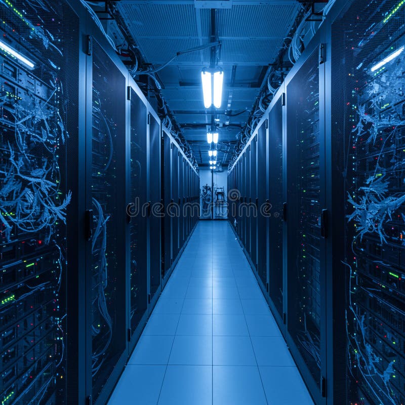 A modern server room with rows of server racks, illuminated by fluorescent lights stock image