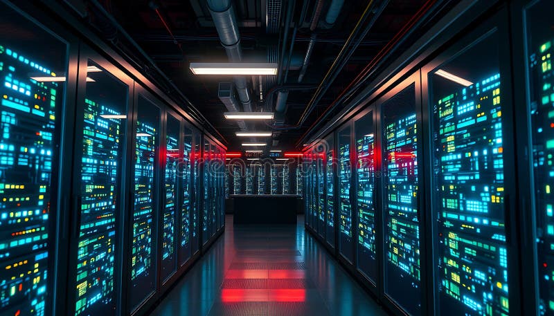 Modern serverrum med lysande ljusteknik och datainfrastruktur Stock Photo Generative AI royaltyfri illustrationer
