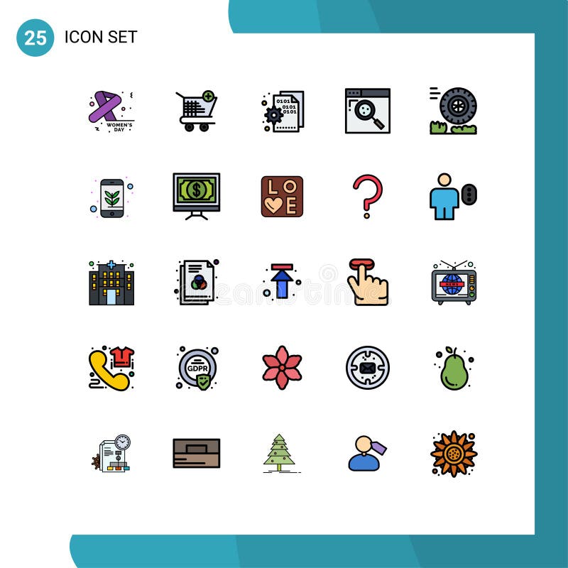 Modern Set of 25 Filled line Flat Colors Pictograph of friction, search, browser, internet, setting stock illustration