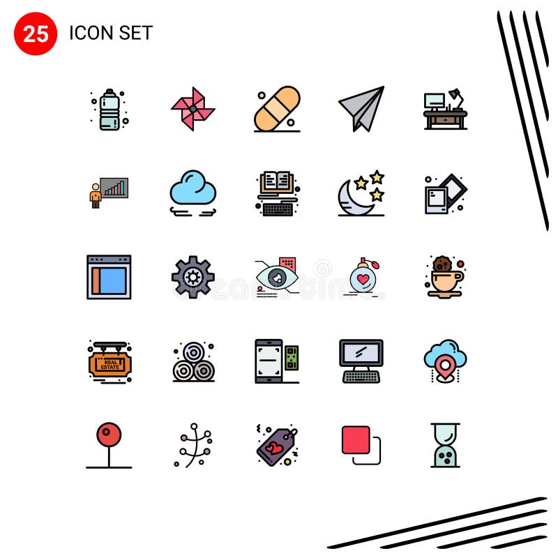 Modern Set of 25 Filled line Flat Colors Pictograph of graph, office table, patch, lamp, plane royalty free illustration