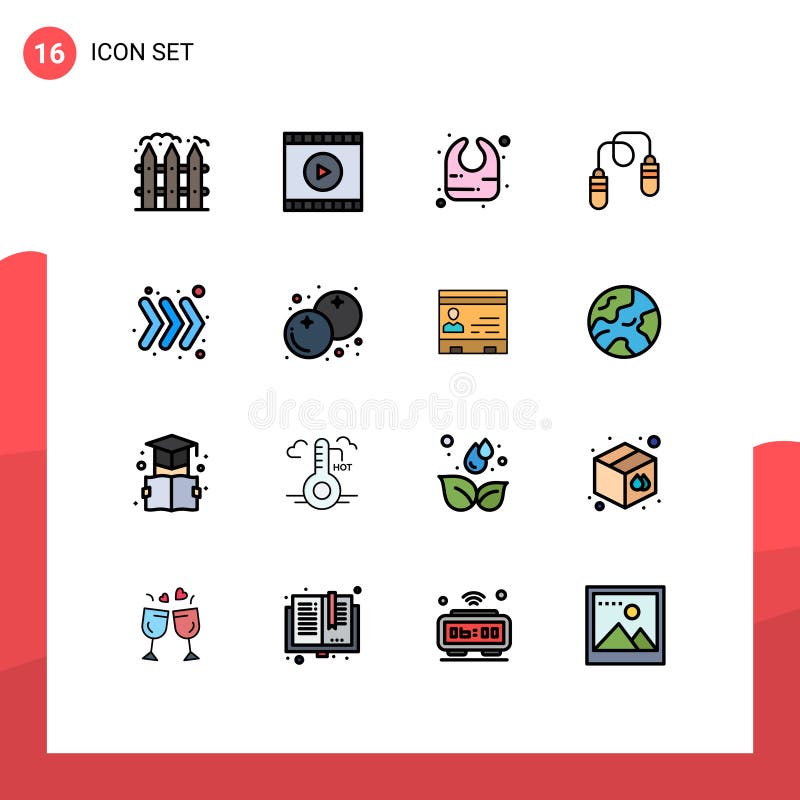 Modern Set of 16 Flat Color Filled Lines Pictograph of keyboard, arrow, baby, jumping, fitness royalty free illustration