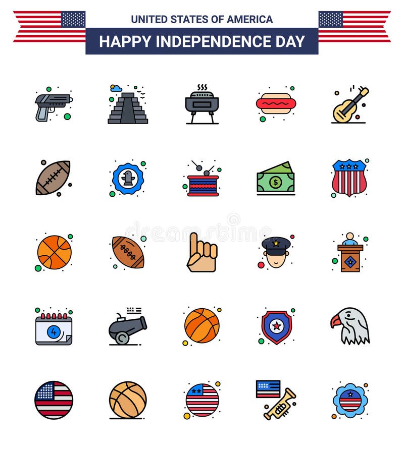 Modern Set of 25 Flat Filled Lines and symbols on USA Independence Day such as music; hot i; barbeque; food; hot dog royalty free illustration