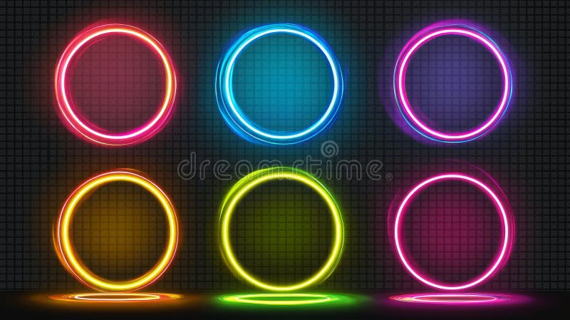 A modern set of optical halo flares with neon light effects. A ring lens with a sparkling 3D digital design. A radiant stock image