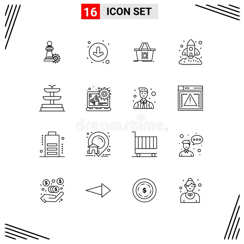 Modern Set of 16 Outlines Pictograph of water, startup, add to cart, rocket, chart stock illustration