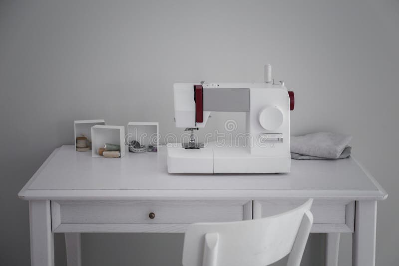 Tailor S Supplies Near Modern Sewing Machine on White Background Stock