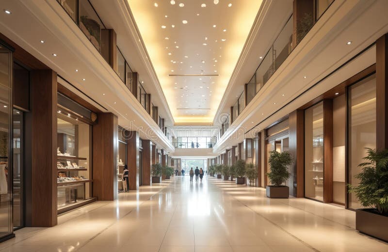 Modern shopping arcade interior with perspective view. Shiny floor tiles, corridor with bright round recessed lamps. Interior stock photos