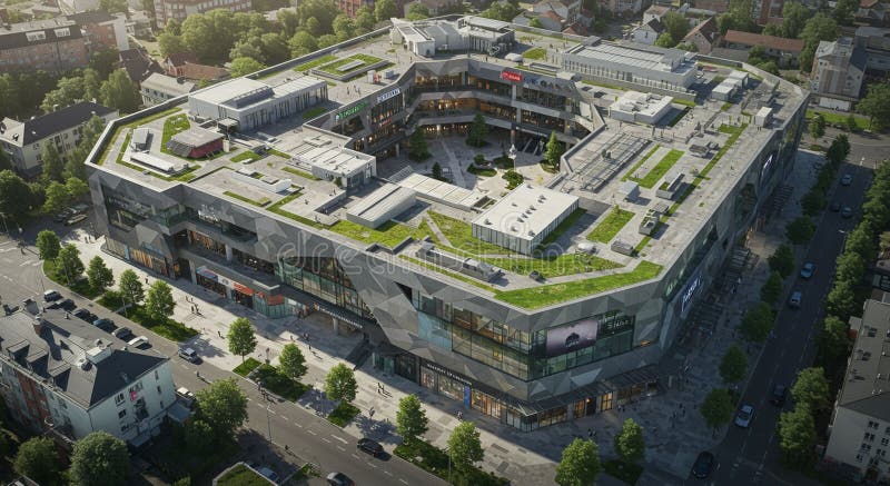Modern shopping center with an angular, futuristic design and a green rooftop. stock illustration