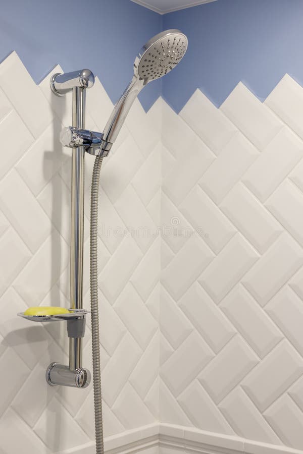 Modern Shower on Wall Rail in Modern White Bathroom Stock Photo Image