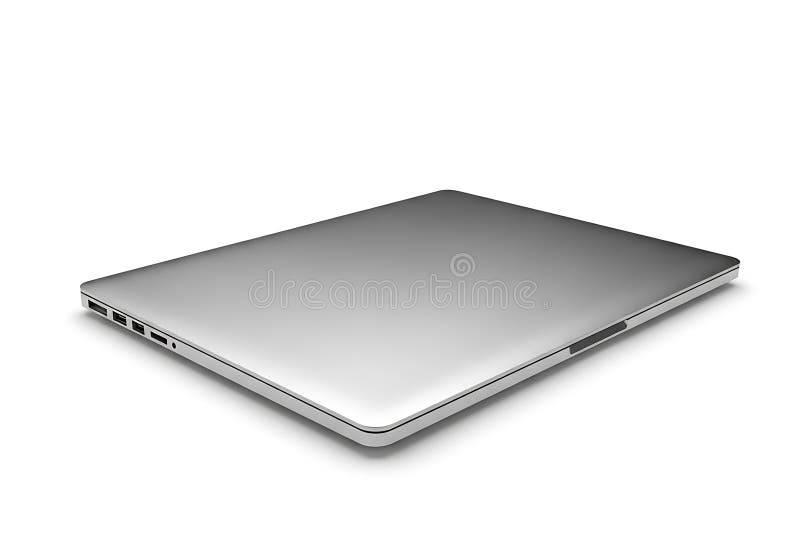 The image depicts a sleek, modern laptop with a silver finish. The laptop is closed and positioned at an angle, showcasing its slim design and minimalist aesthetic. The laptop features multiple ports on its side, including USB and possibly HDMI ports, indicating its connectivity options. The overall design suggests a high-end, professional device suitable for various tasks. Laptop side angle illustrations
