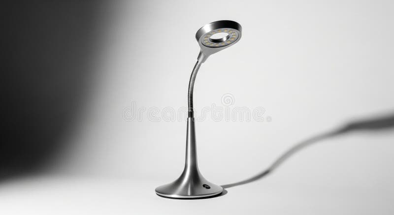 A sleek, modern LED desk lamp with a flexible gooseneck design, rendered in a metallic silver finish. The lamp features a circular head with visible LED lights, mounted on a stylish conical base. It stands prominently against a gradient background, transitioning from dark to light gray, with a distinct shadow cast to its right. This contemporary lighting fixture is ideal for home offices, study areas, or professional workspaces, offering adjustable illumination and a minimalist aesthetic. Perfect for themes of technology, efficiency, and modern interior design. Reading efficiency stock images, royalty-free photos and pictures