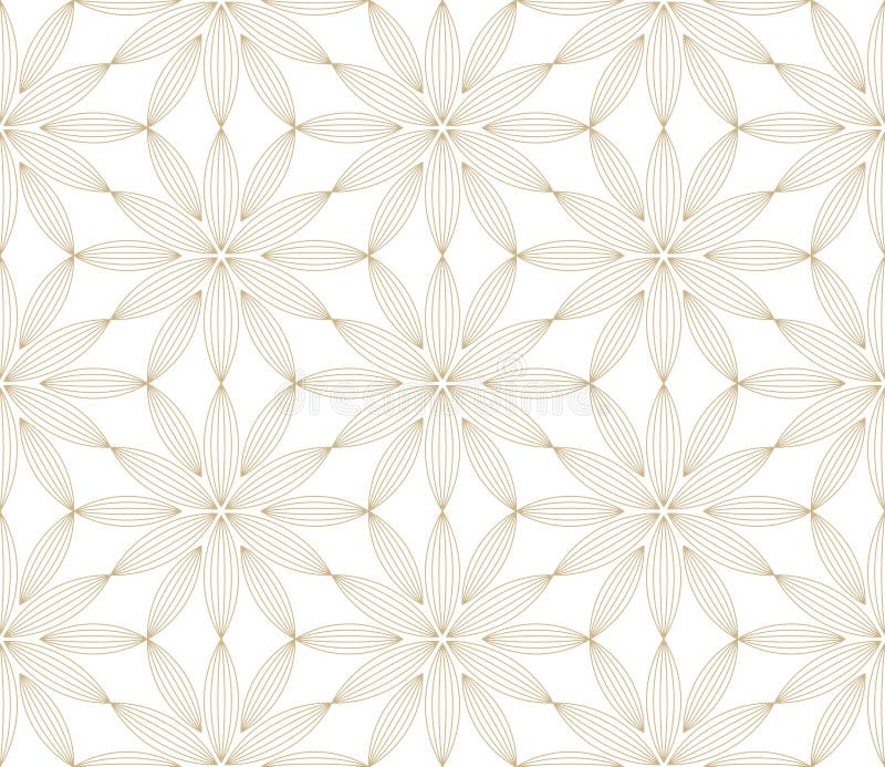 Modern simple geometric vector seamless pattern with gold flowers, line texture on white background. Light abstract