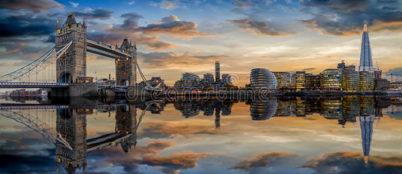 The modern skyline of London during sunset: from the Tower Bridge to London Bridge. The modern skyline of London during sunset: from the Tower Bridge to London Bridge