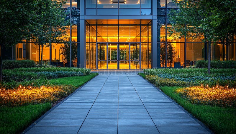 Modern skyscraper illuminated at night in city life generated by AI