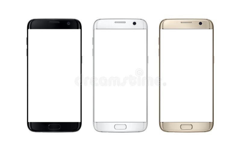 Modern smart phone in three color. Isolated white screen for mockup. royalty free stock photo