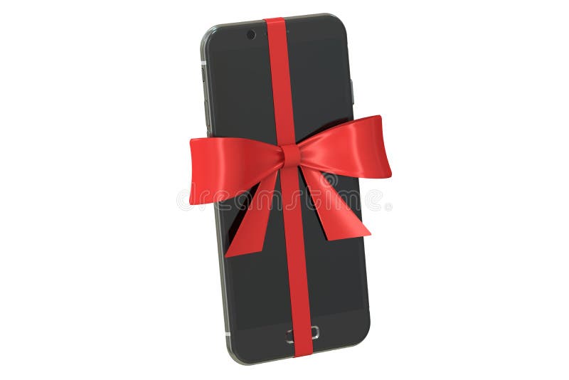 modern smartphone with bow and ribbon, gift concept. 3D rendering stock illustration modern smartphone with bow and ribbon, gift concept. 3D rendering stock illustration