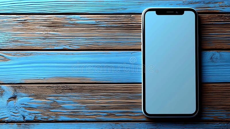 Modern smartphone med blank skärm vilar på rustiskt blått och brunt trä. Perfekt för programdemos webbplatsmockup eller visning stock illustrationer