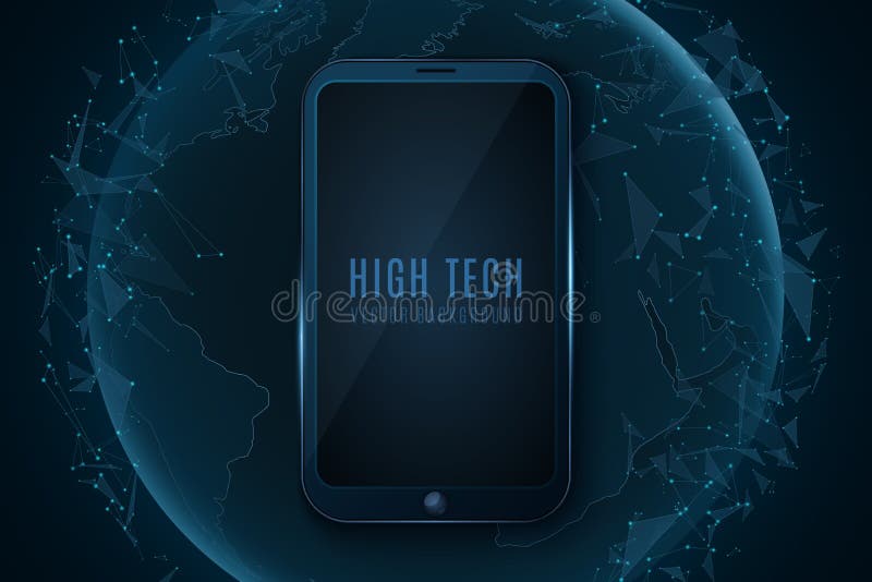 Modern, smartphone och futuristic global world Abstrakt jord och modern teknik Glowing plexus triangles Vector stock illustrationer