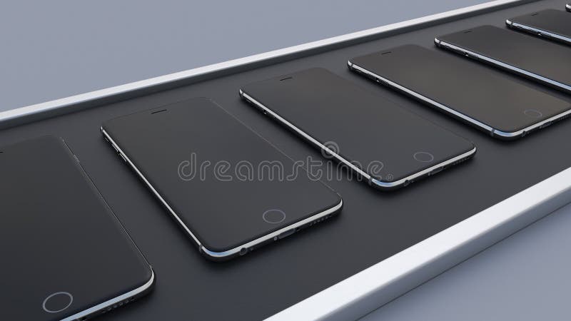 Modern smartphones moving on the conveyor belt. Hi-tech cell phone production line. 3D rendering royalty free illustration