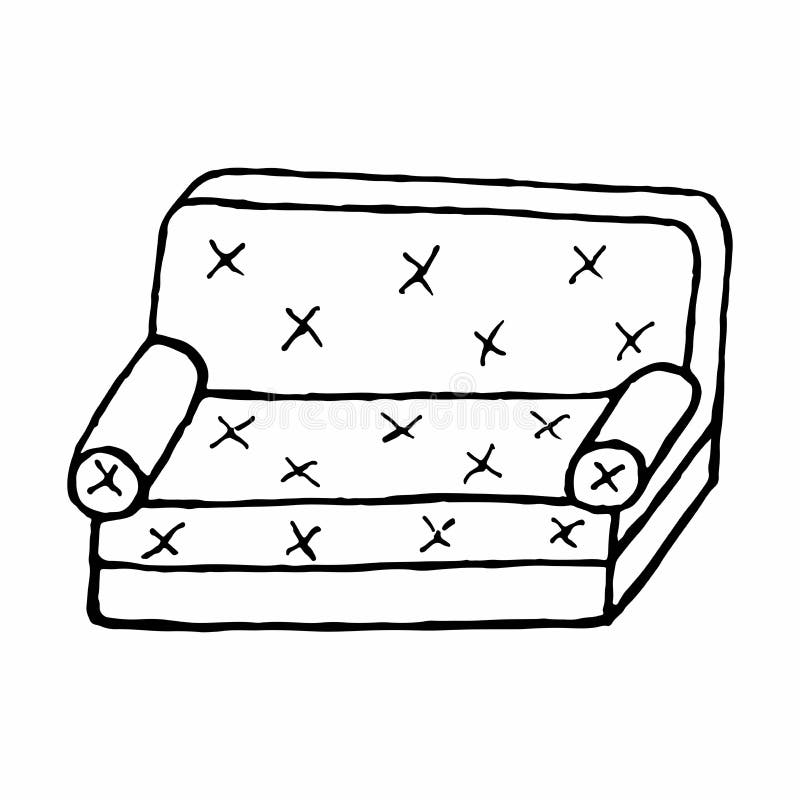 Modern Sofa. Drawing in the Doodle Style. Isolated on a White